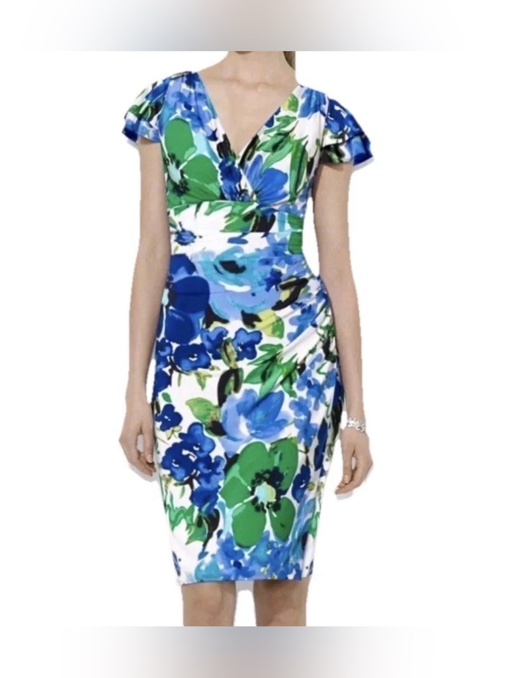 Lauren Ralph Lauren Cannes Blue Floral Flutter Sleeve Jersey Dress Size 22